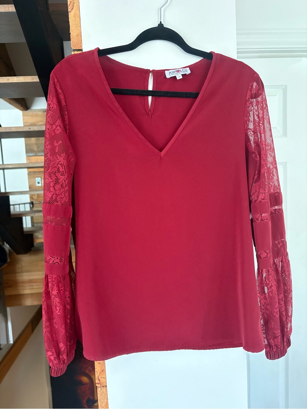 Airoldi Raspberry Red V-Neck Lace Sleeve Blouse